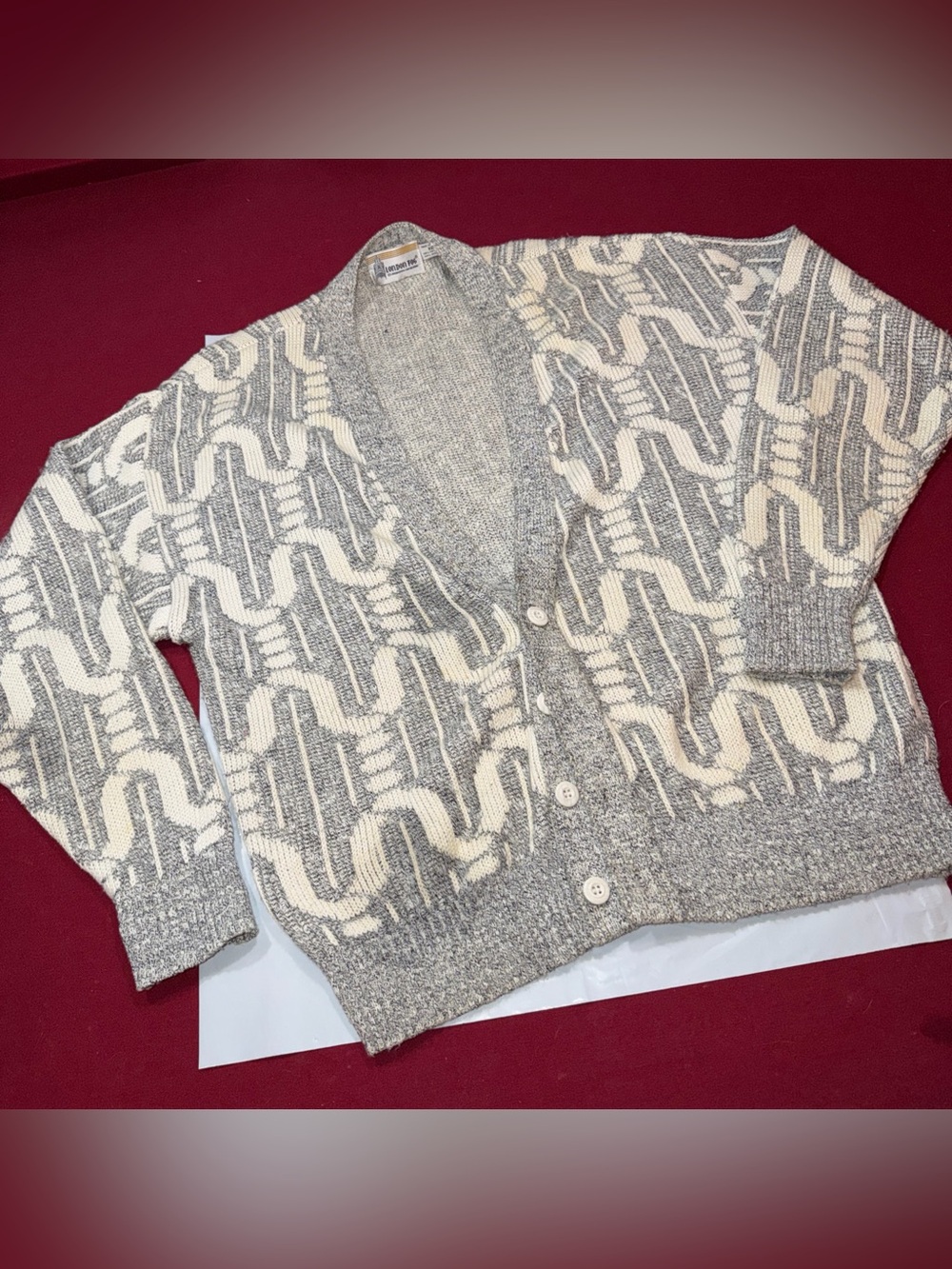 London Fog Cardigan Sweater Button V Neck Gray White Geometric 90s Men XL Cotton